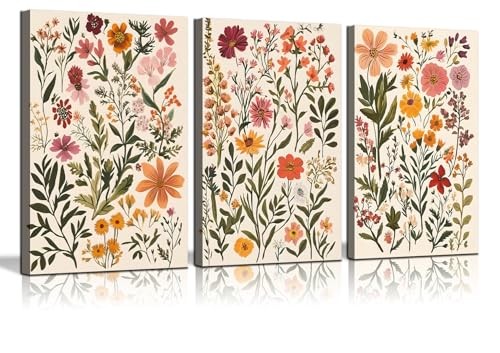 Set of 3 Boho Floral Botanical Canvas Wall Art 12inx16in Watercolor Canvas