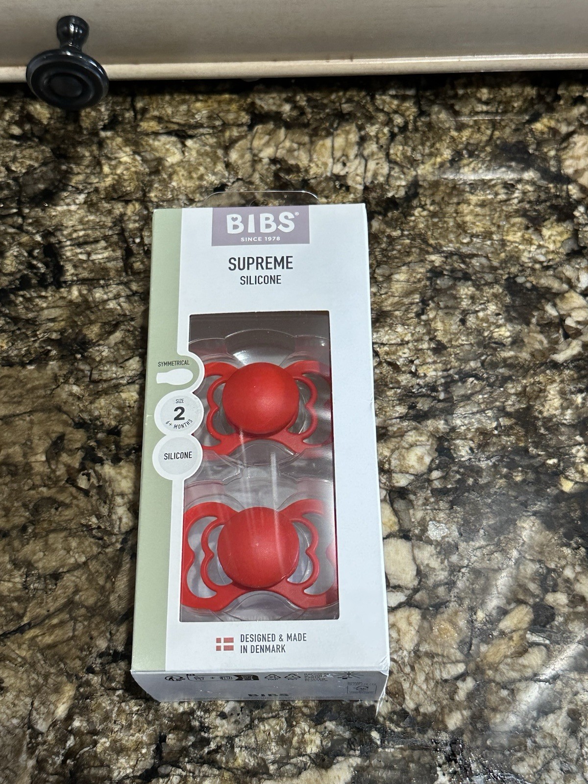 Pack of 2 BIBS Supreme Silicone symmetrical pacifiers. REd Baggood