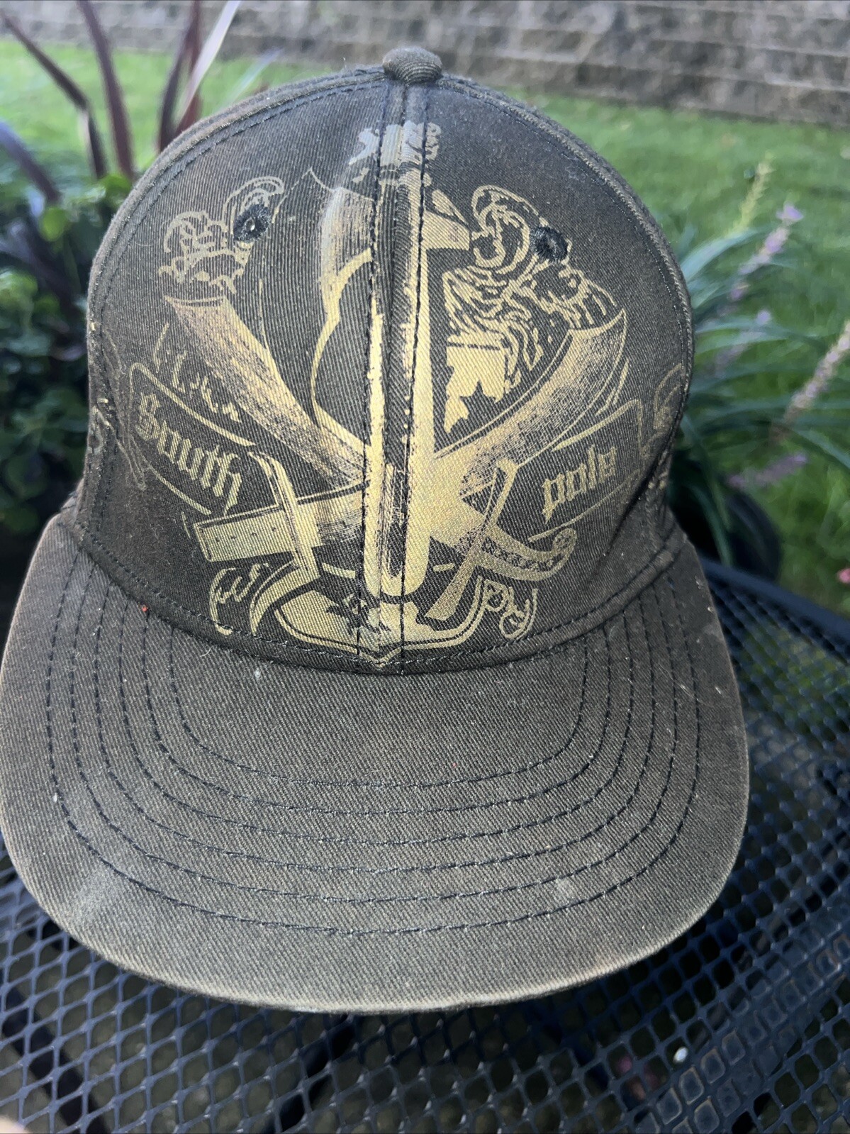 South Pole Black Gold Printed Logo on Front of Brown Hat Cap Stretch Band