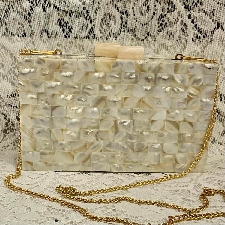 White Lucite -MOP Shards Rectangular Clutch- Purse Crossbody 8in x 5in x 2in