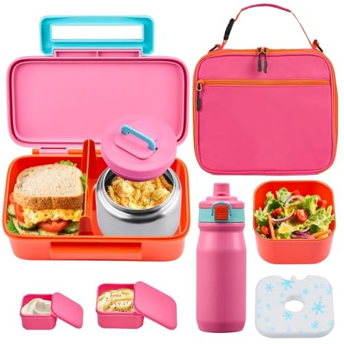  Kids Lunch Box with 8oz Thermo, Leakproof Bento Box with Insulated Bag, Pink