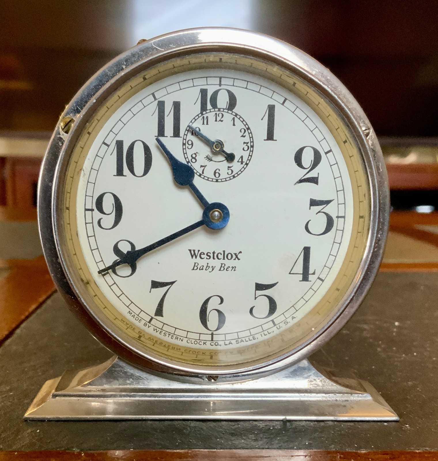 Antique 1927 Polished Nickel Westclox Baby Ben Alarm Clock - Runs Keeps Time