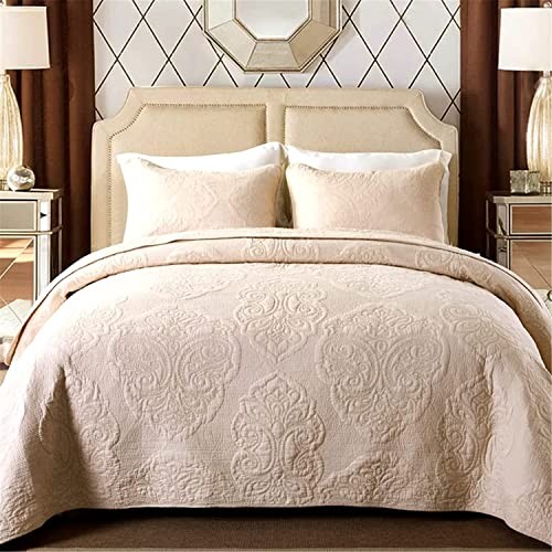  Bedspread Set, 3 Pieces Cotton Quilt Set Size Paisley Pattern, All Queen Beige