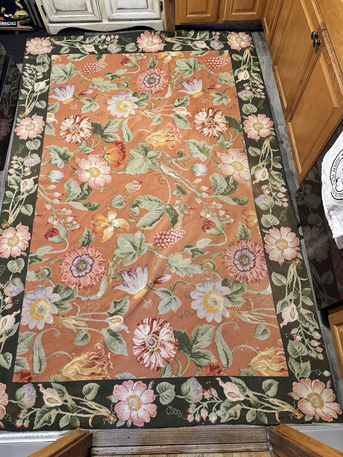 Needlepoint Rug Vintage Handmade Flat Weave Coral Brown Green Floral 5’4”x 8’1”