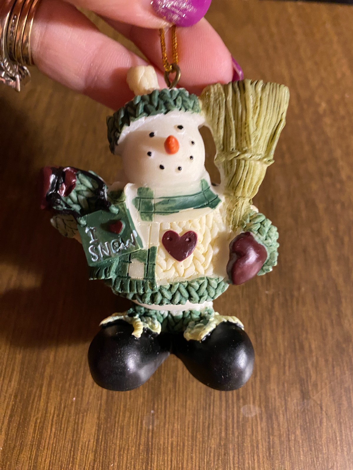 Resin Snowman w Heart Broom I LOVE SNOW Christmas Ornament 3"
