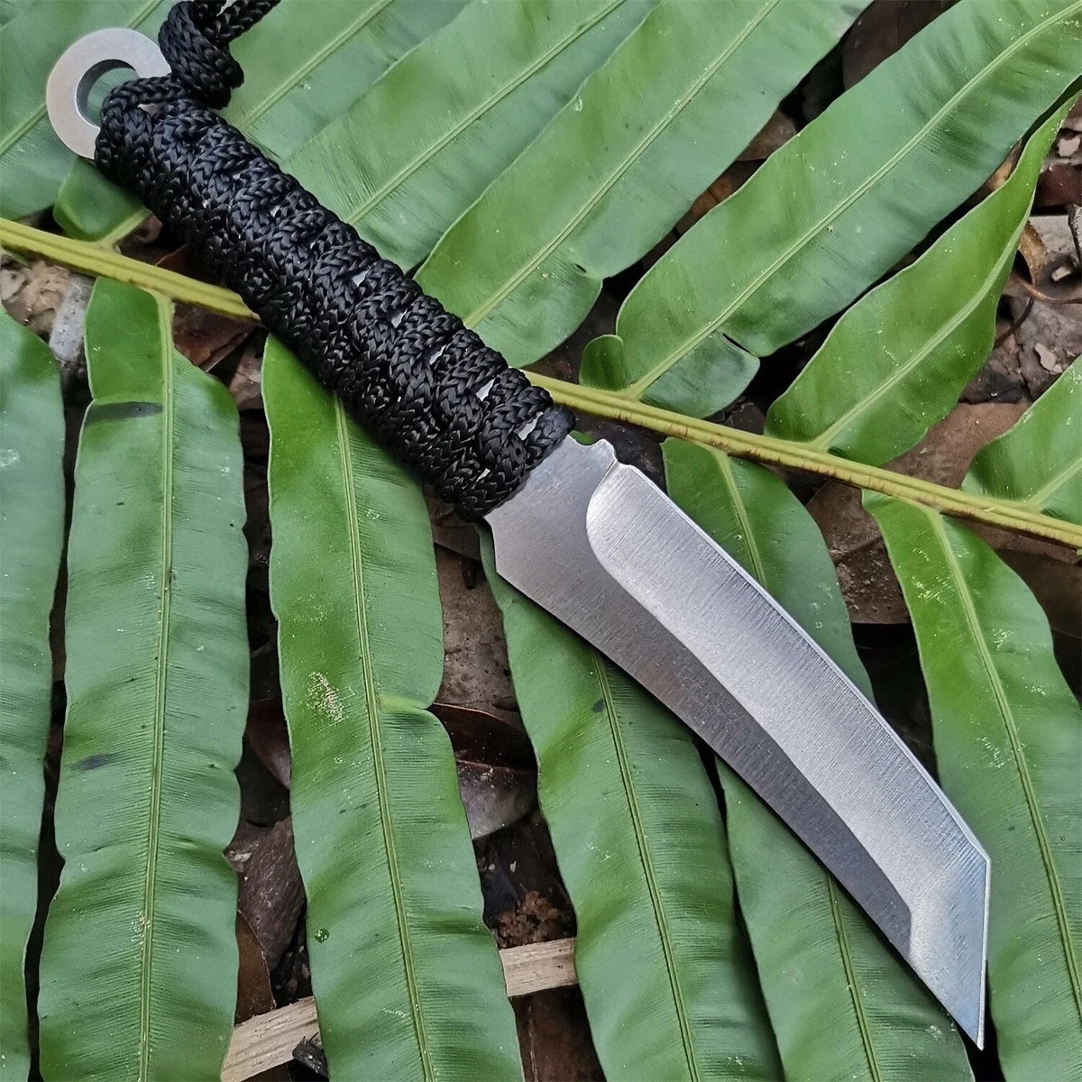 Stainless Steel Fixed Blade Tanto Knife Cord Wrapped Handle Lanyard Hole