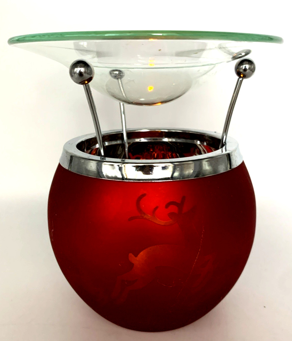Slatkin & Co Dancing Tealight Oil Warmer Frosted Reindeer Red Glass 5" Tall