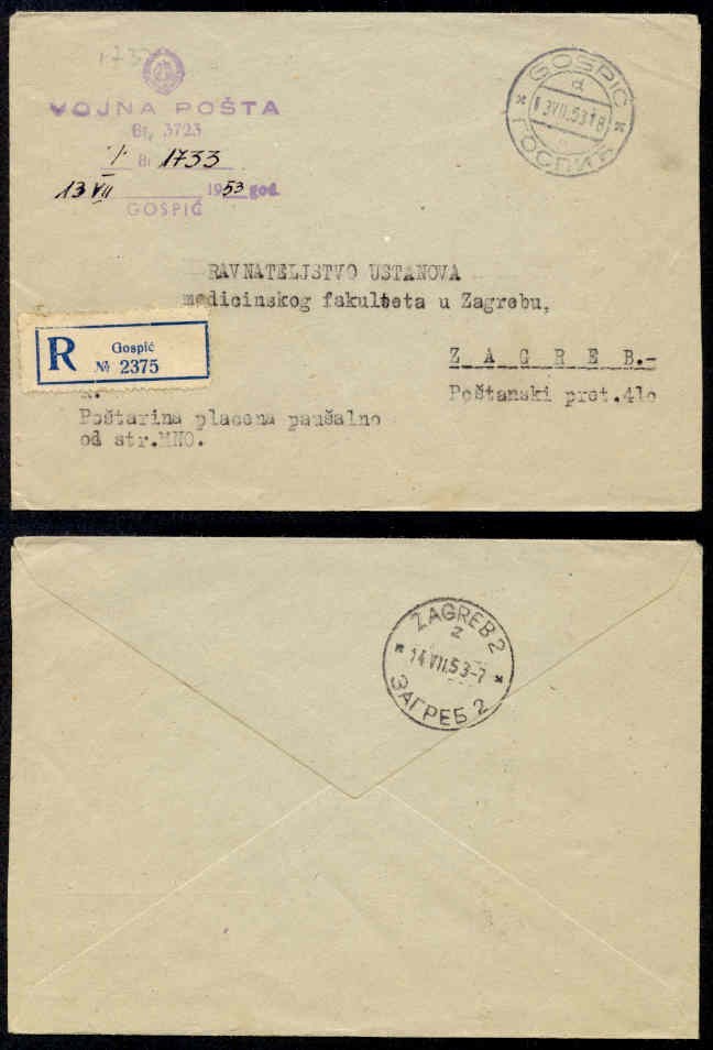 YUGOSLAVIA 1953 Reg OFF INTERNAL