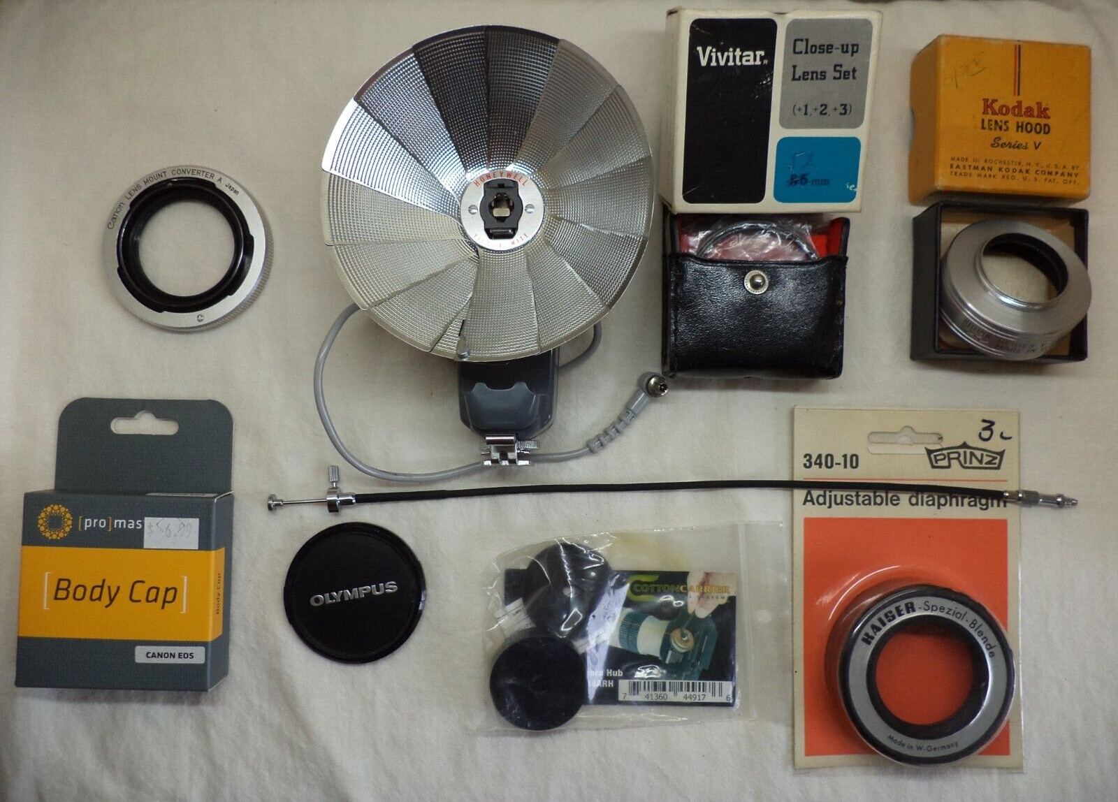 camera accessories lot - Canon, Vivitar, Olympus, Kodak items