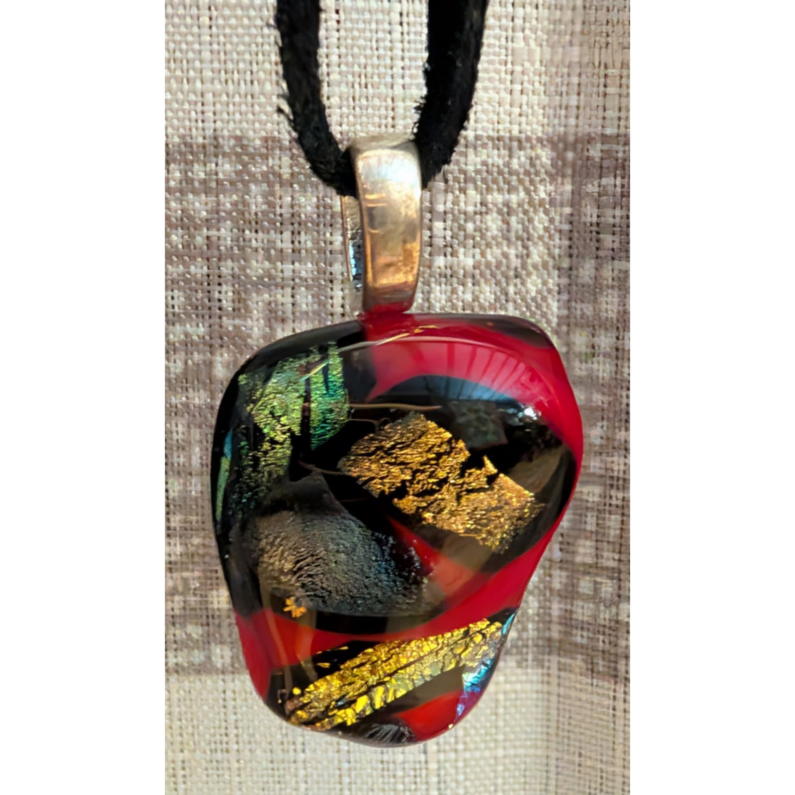 Handcrafted Dichroic Corded Necklace Fused Metals Glass Jewelry Red Black Gold