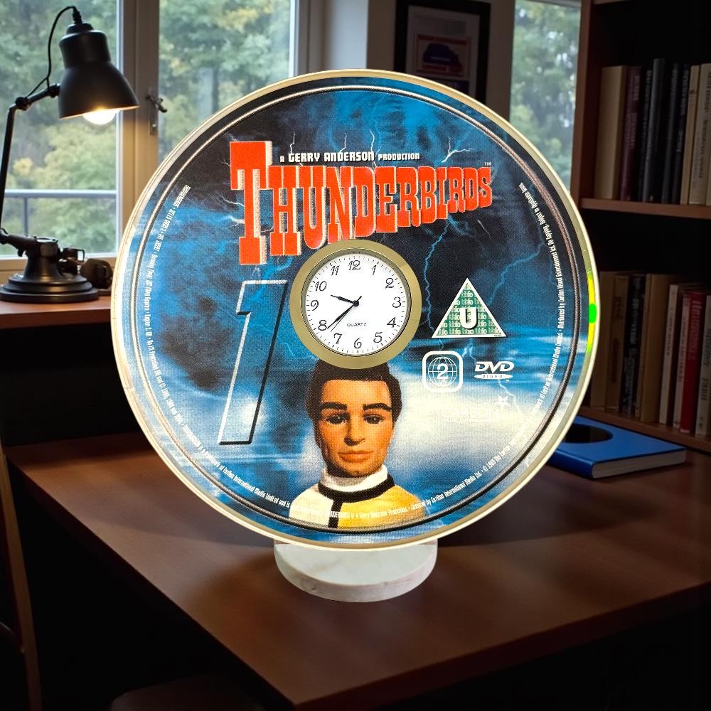Thunderbirds DVD Clock - Upcycled Novelty with Handmade Wooden Stand