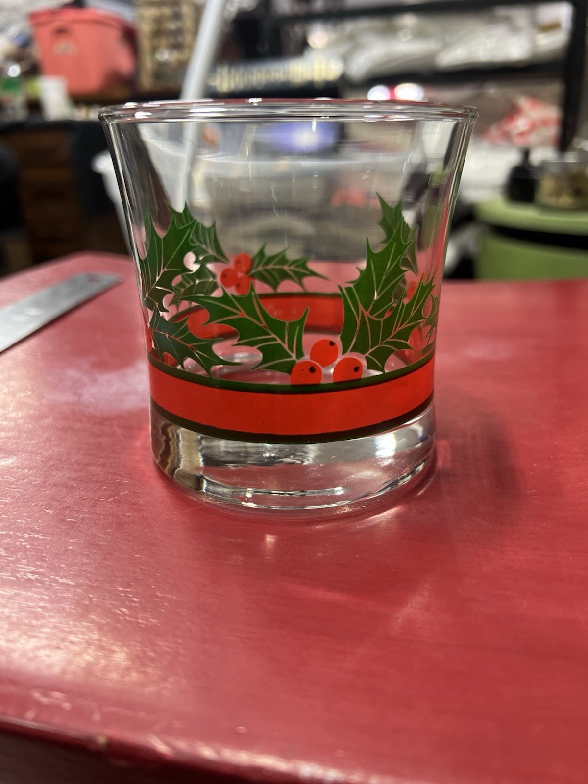 Vtg Libby Christmas Holly Berries Old Fashioned Double Rocks Low Ball Glass RARE