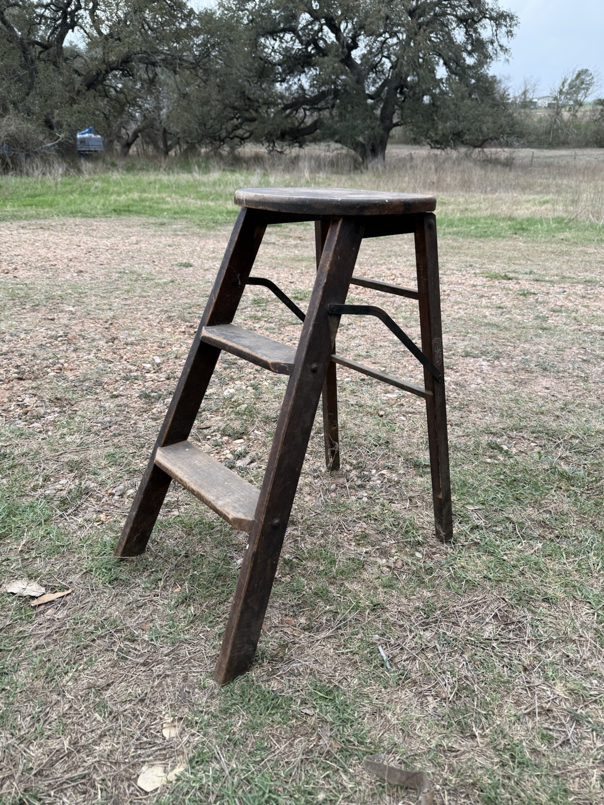 Antique 1890s J.R. Clark Co. Folding Ladder Stool Primitive Country Wood & Iron
