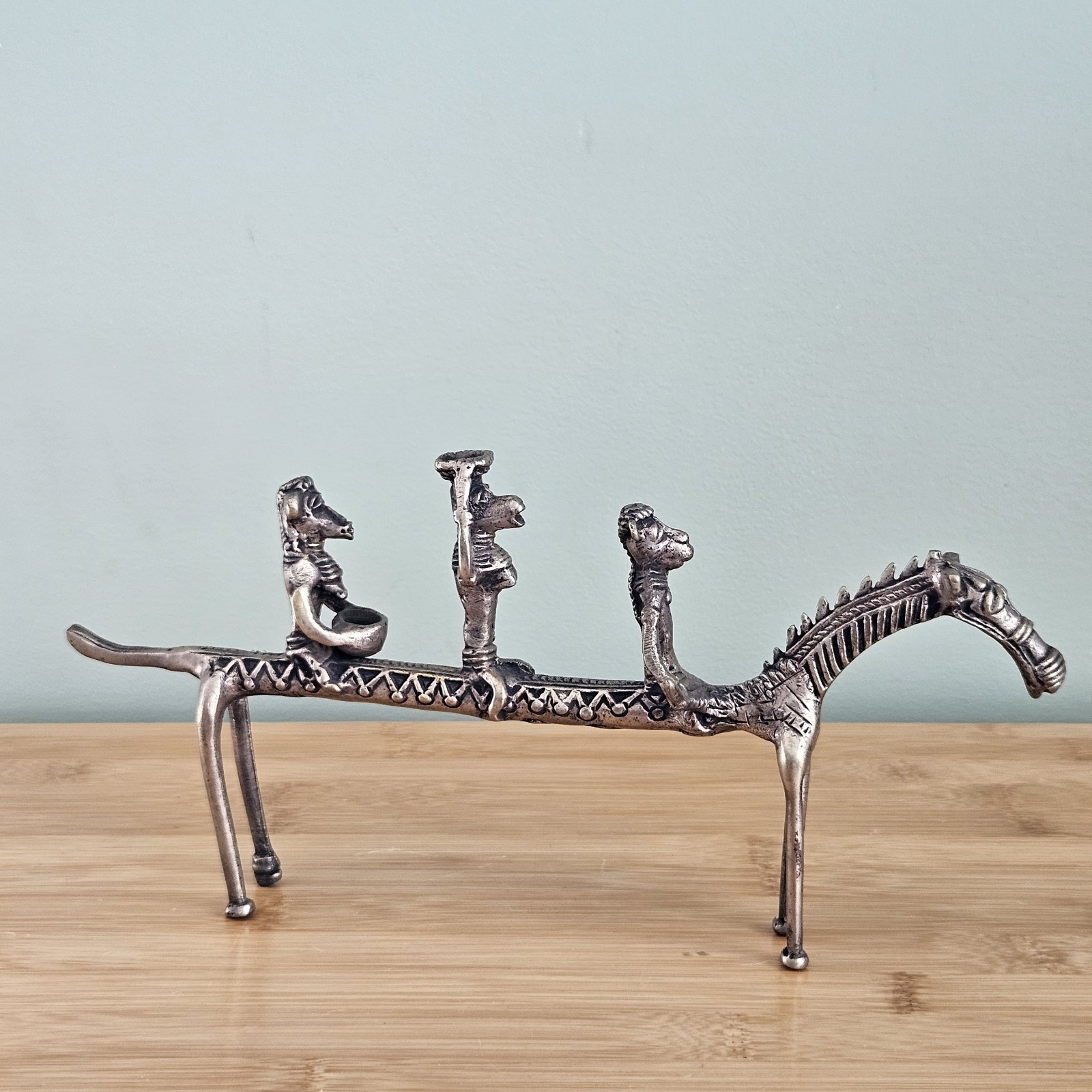 Cast Bronze  Antique African Tribal Sculpture Riding Zebra