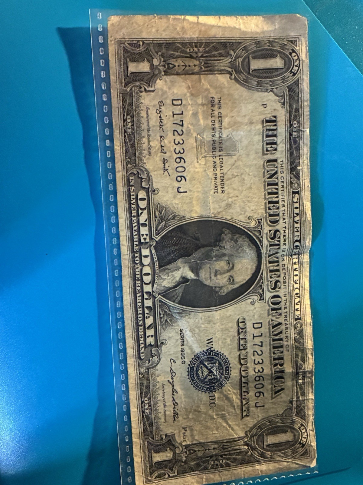 1935 $1 Silver Certificate Banknote Blue Seal Serial D17233606J Circulated