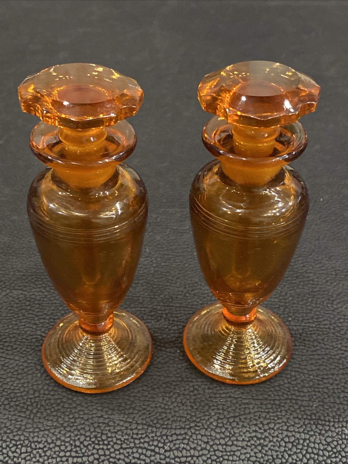 Pair 2 Antique Cambridge Perfume Bottle Dark Amber Glass Art Deco Broken Stem***