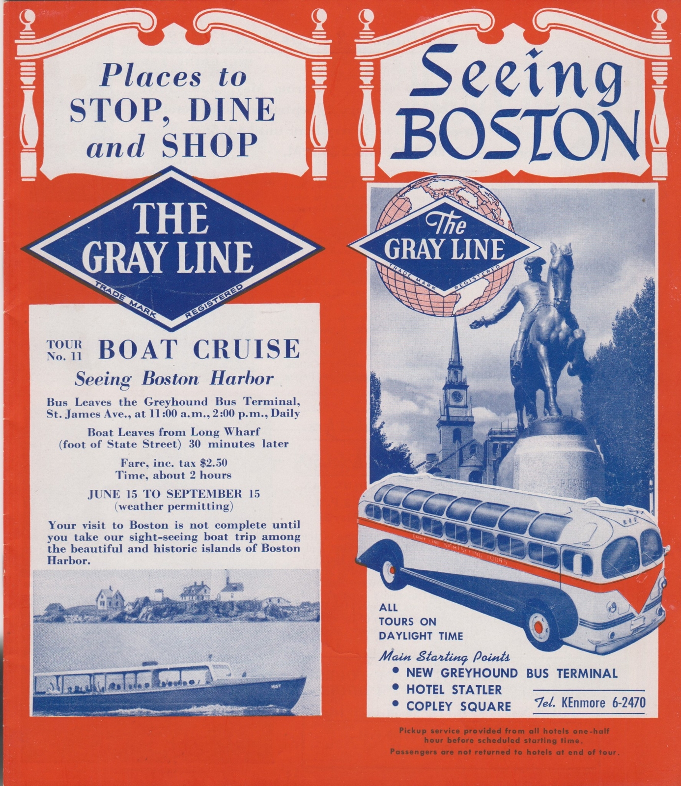 Vintage Brochure SEEING BOSTON- THE GRAY LINE Boat Cruise, Bus Tours etc 1954 