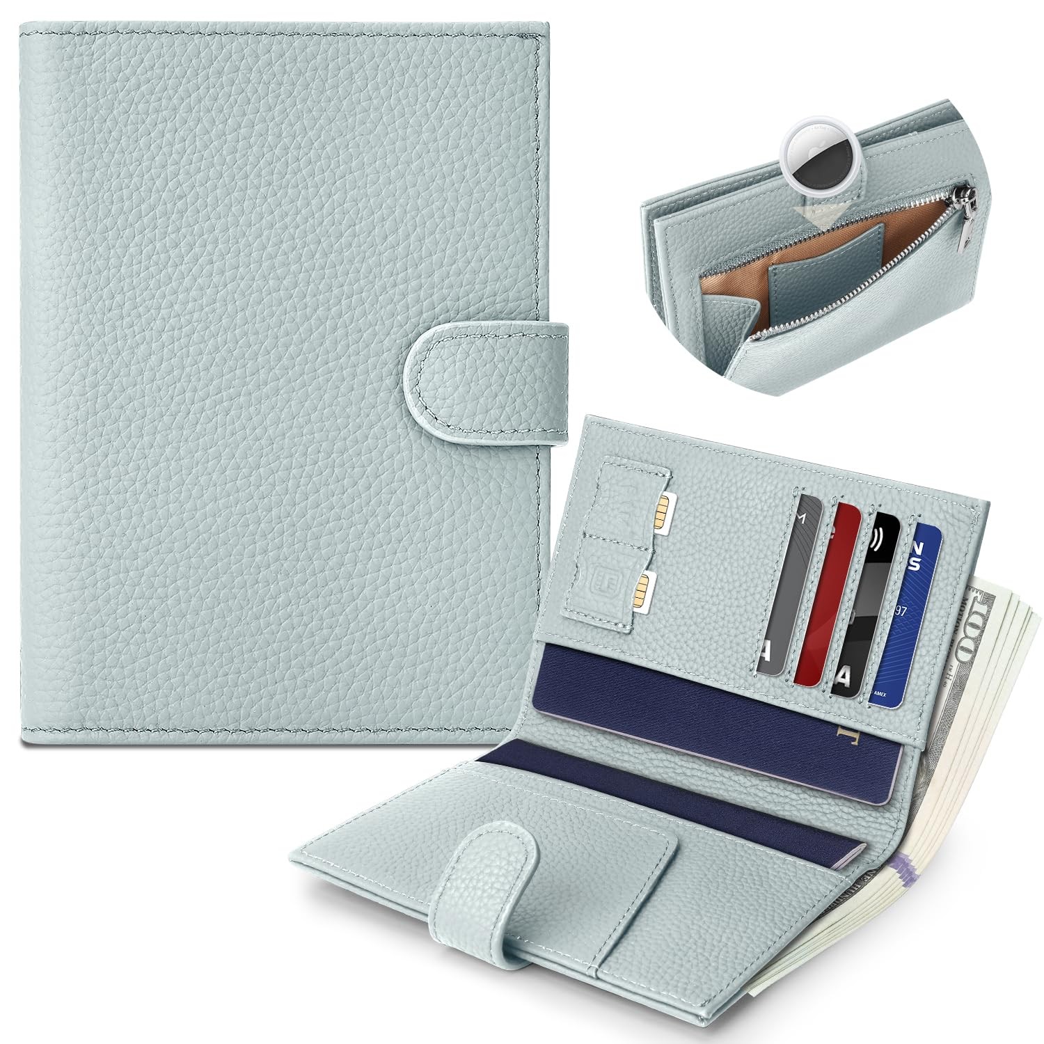 Genuine Leather Passport Holder for Women Men, Hidden Airtag Pocket, RFID Blo...
