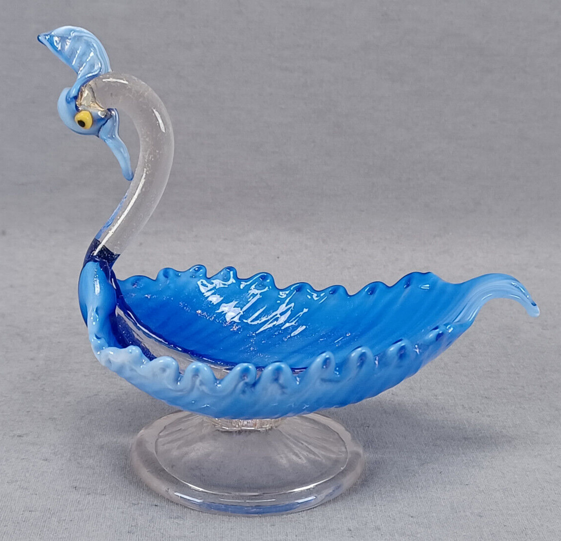 FBS Italian Venetian Blown Blue & Clear Glass Swan Footed Salt or Trinket Dish