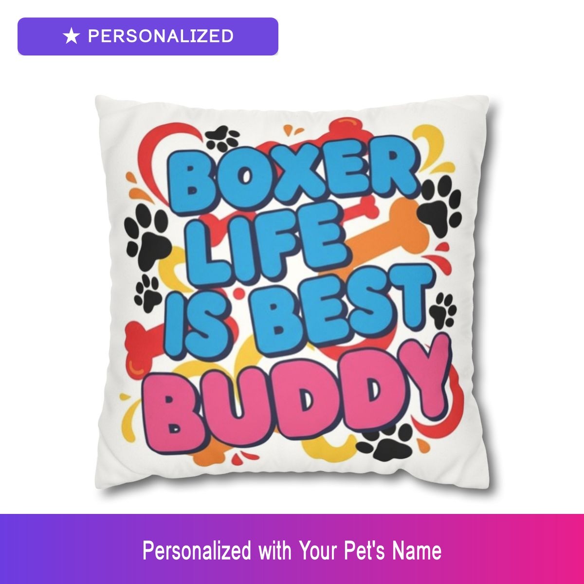 Custom Boxer Paw Print Throw Pillow Personalized Pet Name Decorative Cushion
