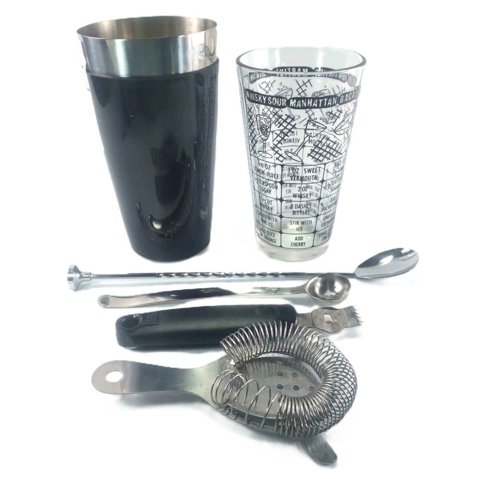 6 Pc Barware BARsics COVERED Shaker Recipe Glass Stirrer Zester Strainer Spoon