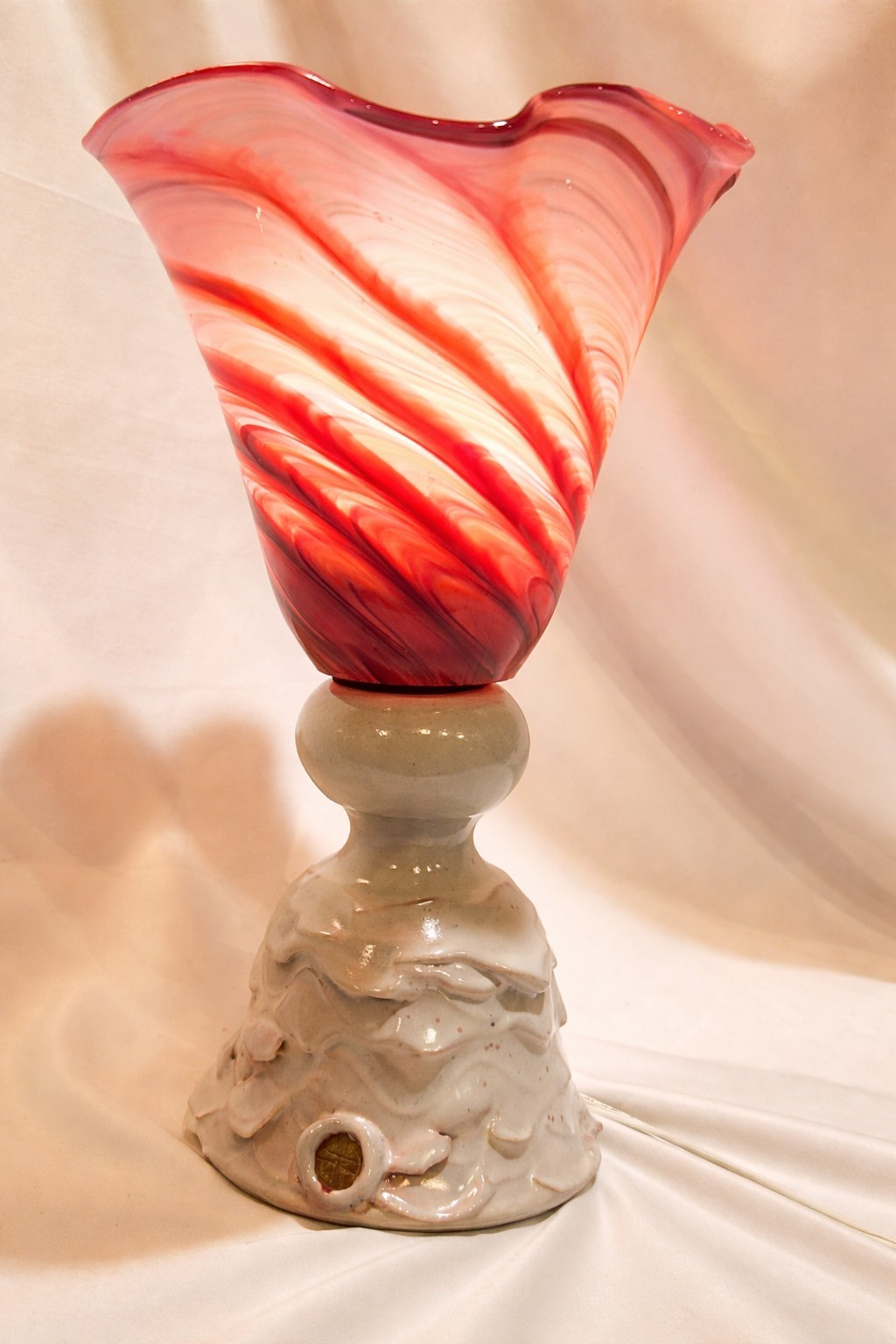 Amazing Murano Style Bethan Laura Wood Art Lamp Pottery Base Signed Pink Red