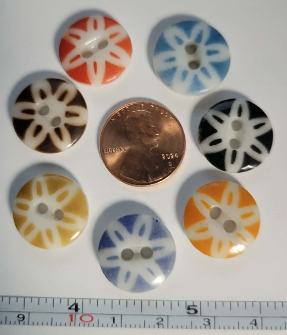 7 ANTIQUE #17 CHINA STENCIL buttons--RAINBOW-- LARGE