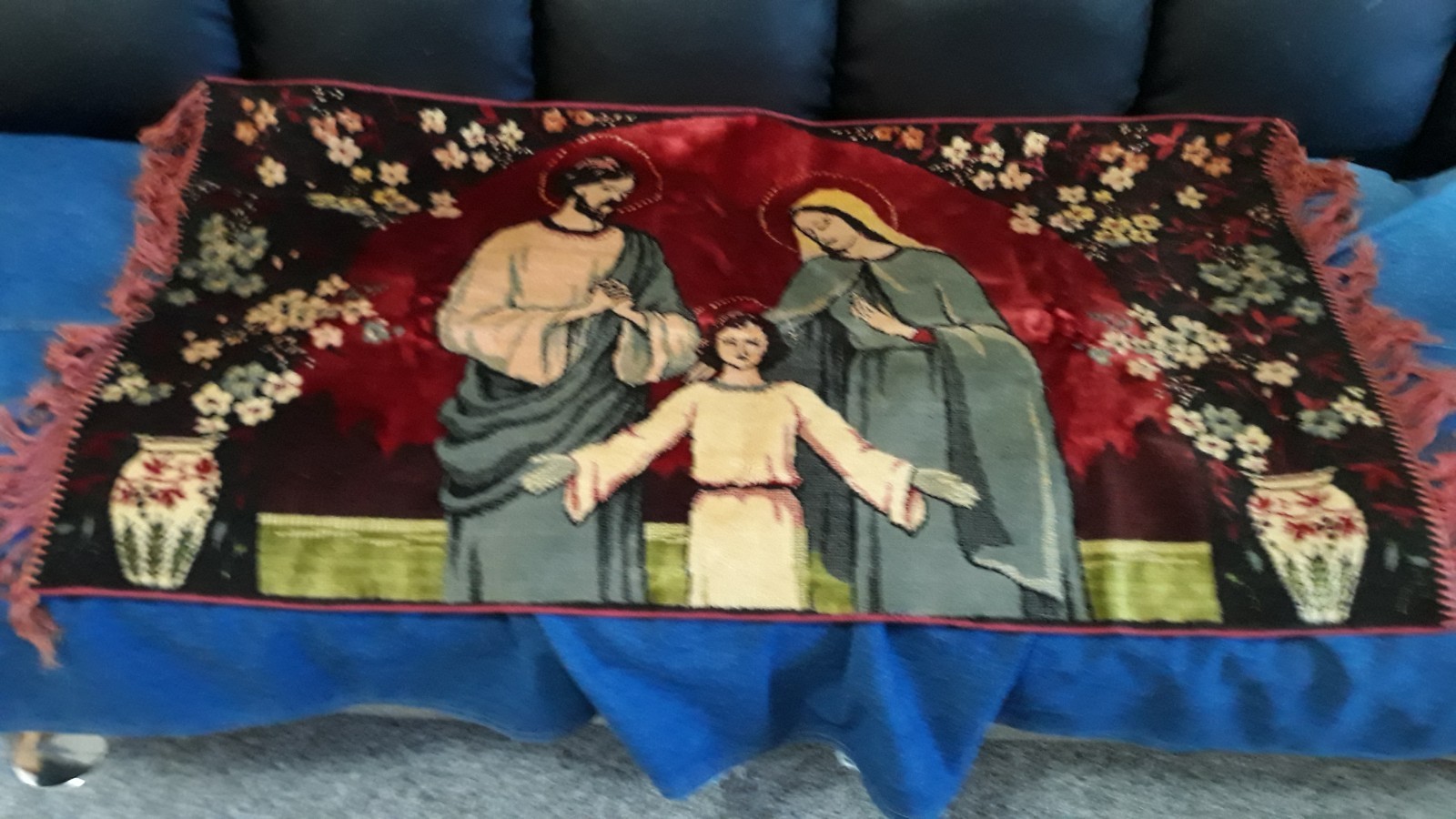 Antique Holy Family tapestry 40"x20"