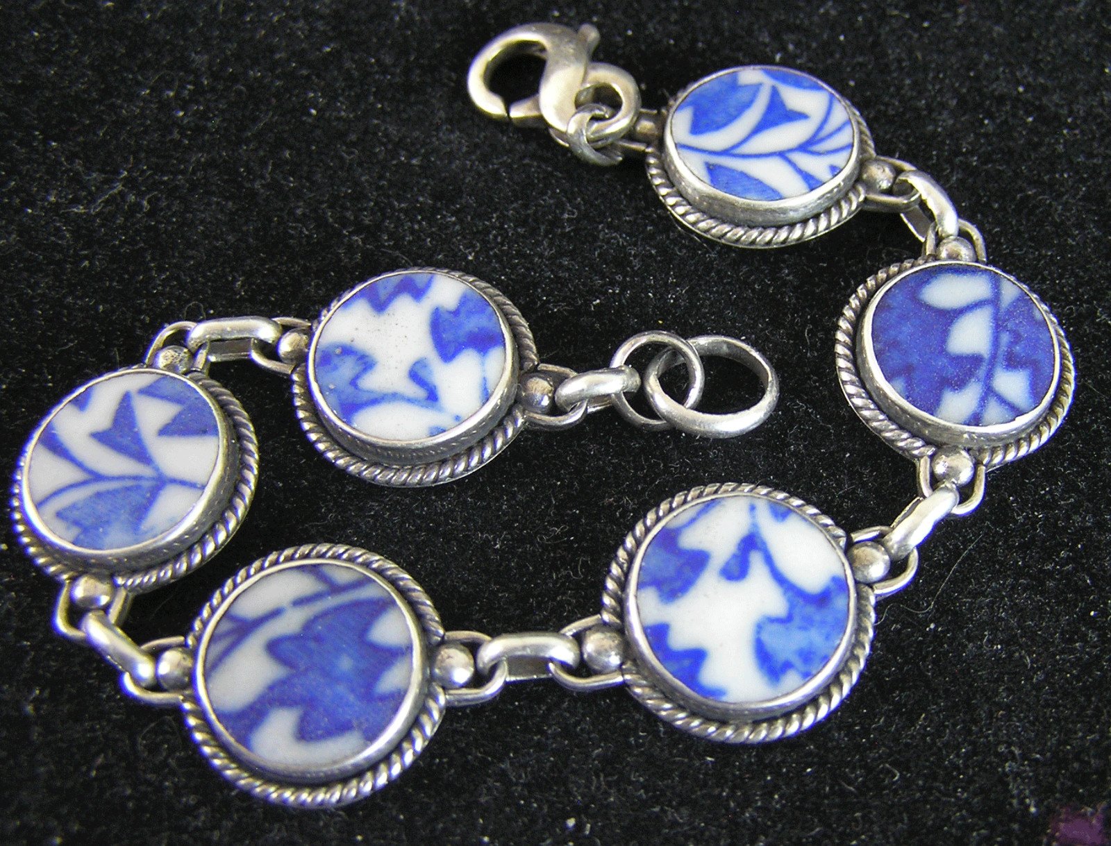 VTG Delft Tile Sterling Silver Blue & White Porcelain Link Tennis Bracelet
