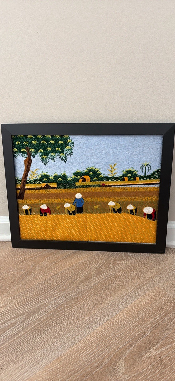 Framed Hand Sewn Asian Farmers In Rice Fields