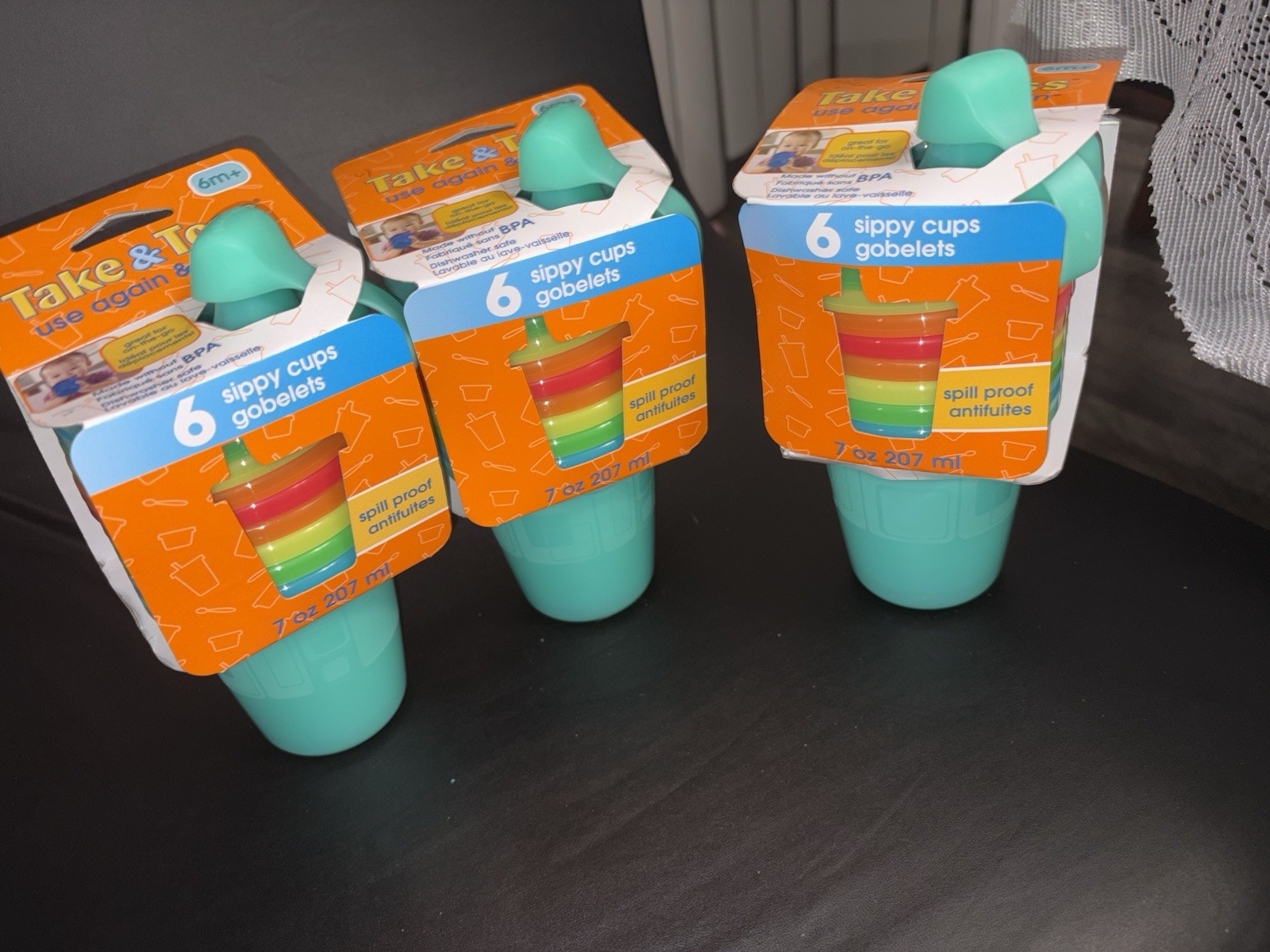 Take & Toss 6 Sippy Cups 7 oz BPA-Free Multicolor Spill Proof Standard Spout