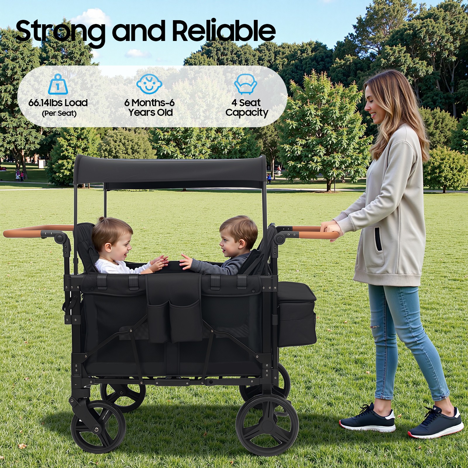 Adjustable 4-seats Stroller Wagon Push Pull Quad Collapsible Stroller With Wheel