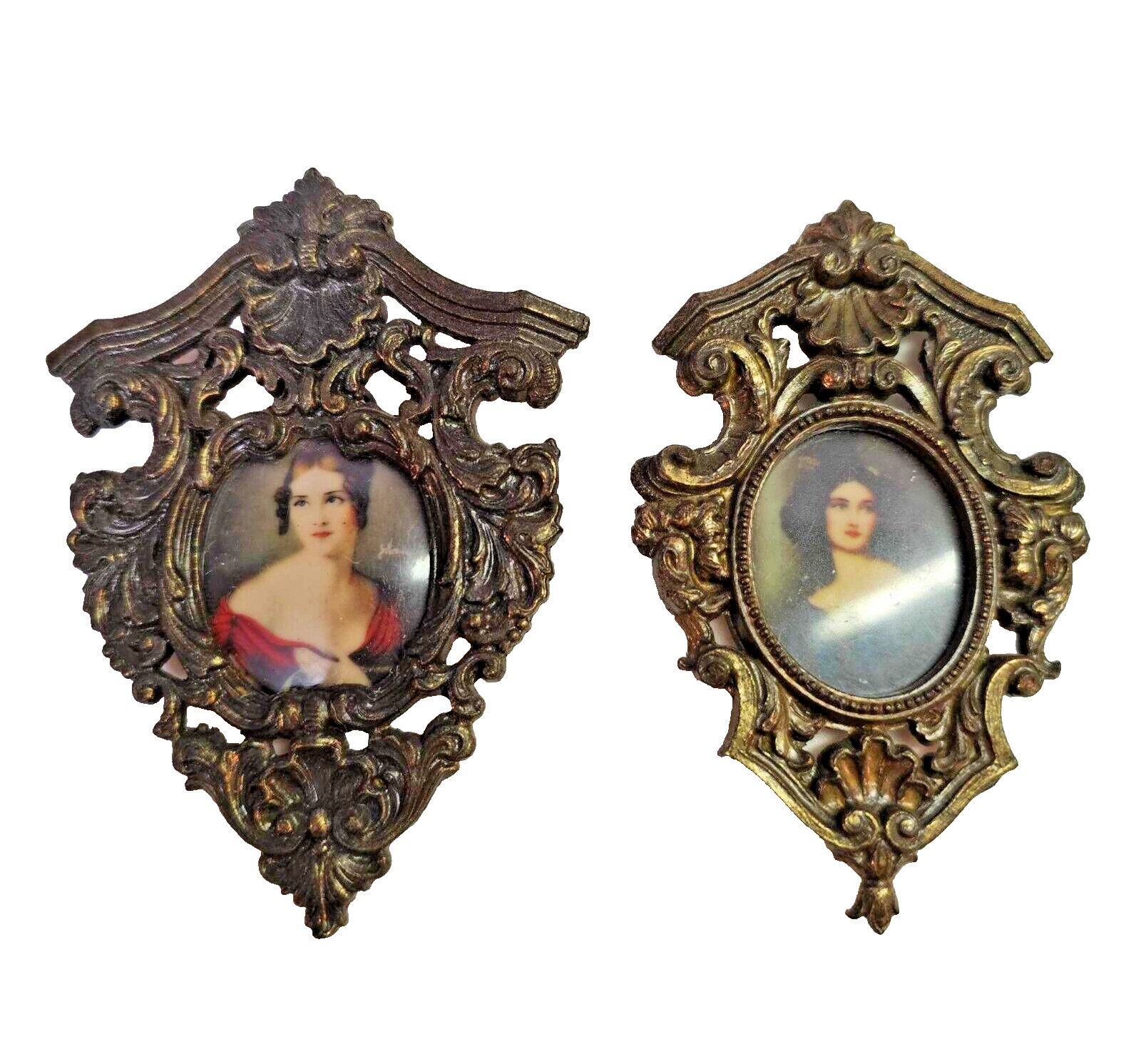2 vtg Ornate metal frame woman lady portrait Art nouveau Style wall hanging- G5