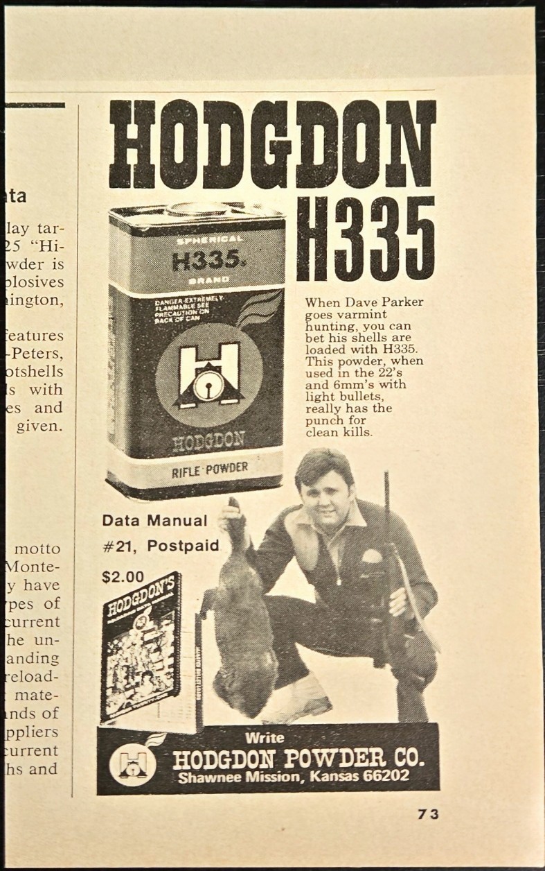 1973 Vintage Hodgdon H335 Rifle Powder Print Ad Original Dave Parker Hunting Art