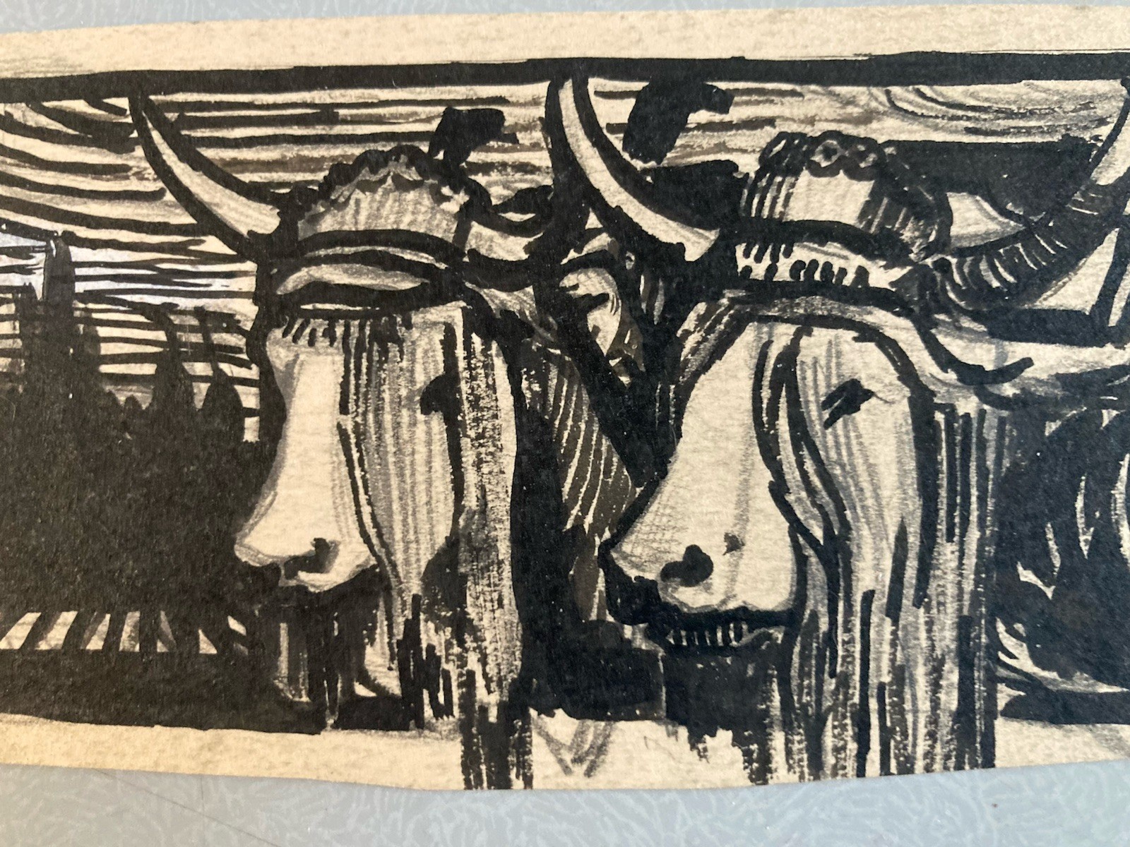 Beau Dessin 1920 Highland Encre Vache Veau Animal Paysan Animaux Ancien Art Deco