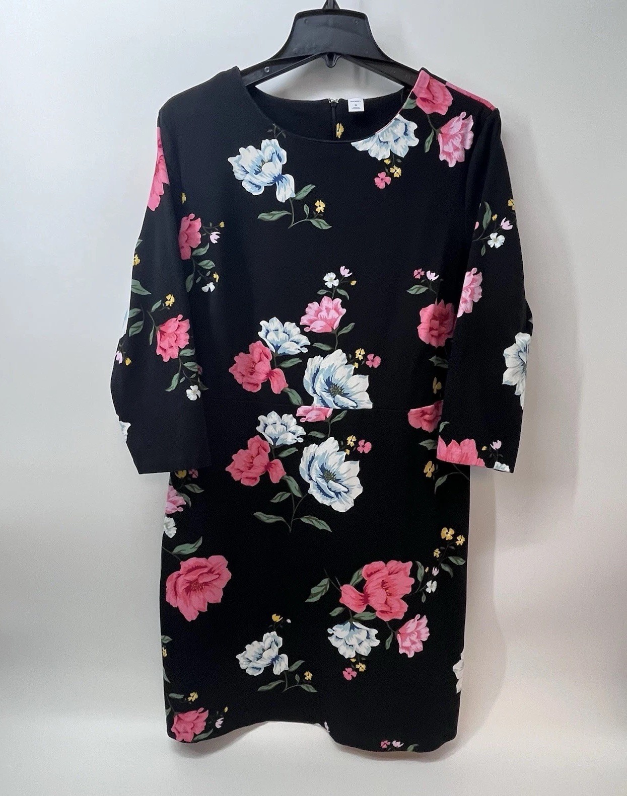 OLD NAVY Pull On Shift Dress Size XL w/Back Zip 3/4 Sleeves Black Floral Stretch