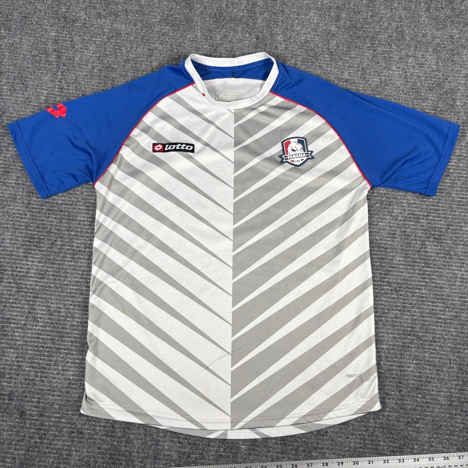 Lotto Mens Soccer Jersey Shirt Blue White Grey Logo Patch Short Sleeve Size L