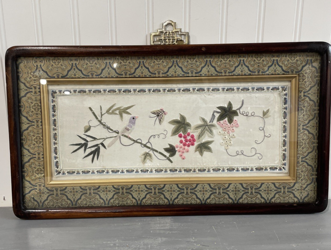 Vintage Asian Bird Flower Silk Embroidery Framed Textile Art Wall Decor 17x9 In
