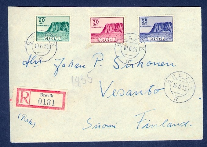 NORWAY B54-B56 NORTH CAPE SET REGISTERED TO FINLAND 1955