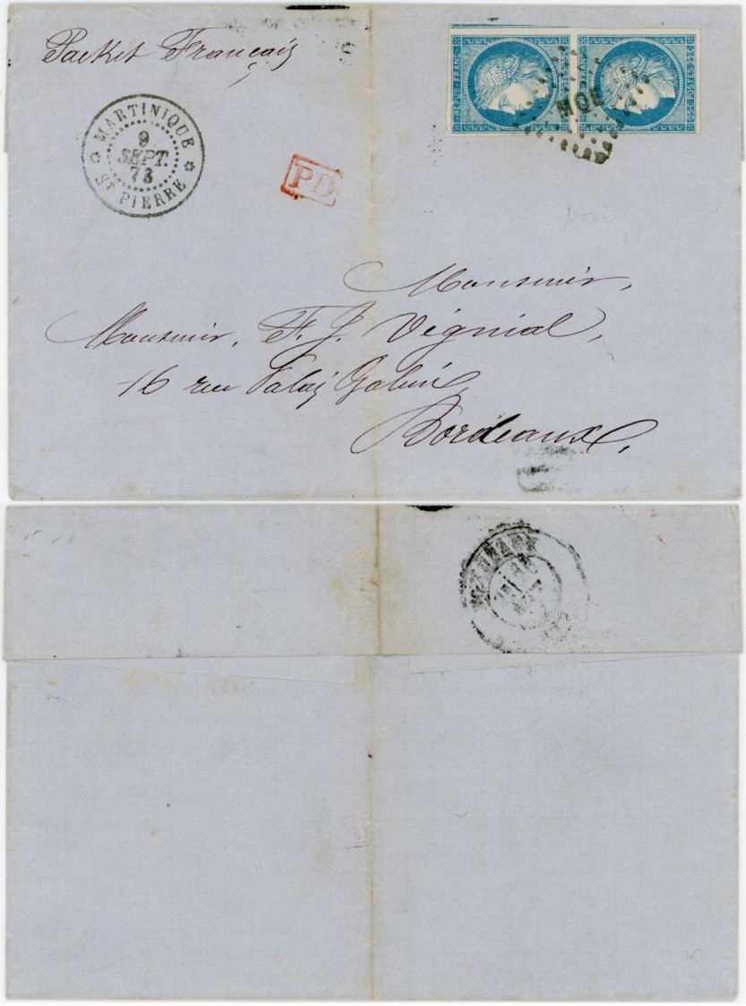 FRENCH COLONIES MARTINIQUE 1873 COVER BY PACKET VERTICAL PAIR 25c CERES