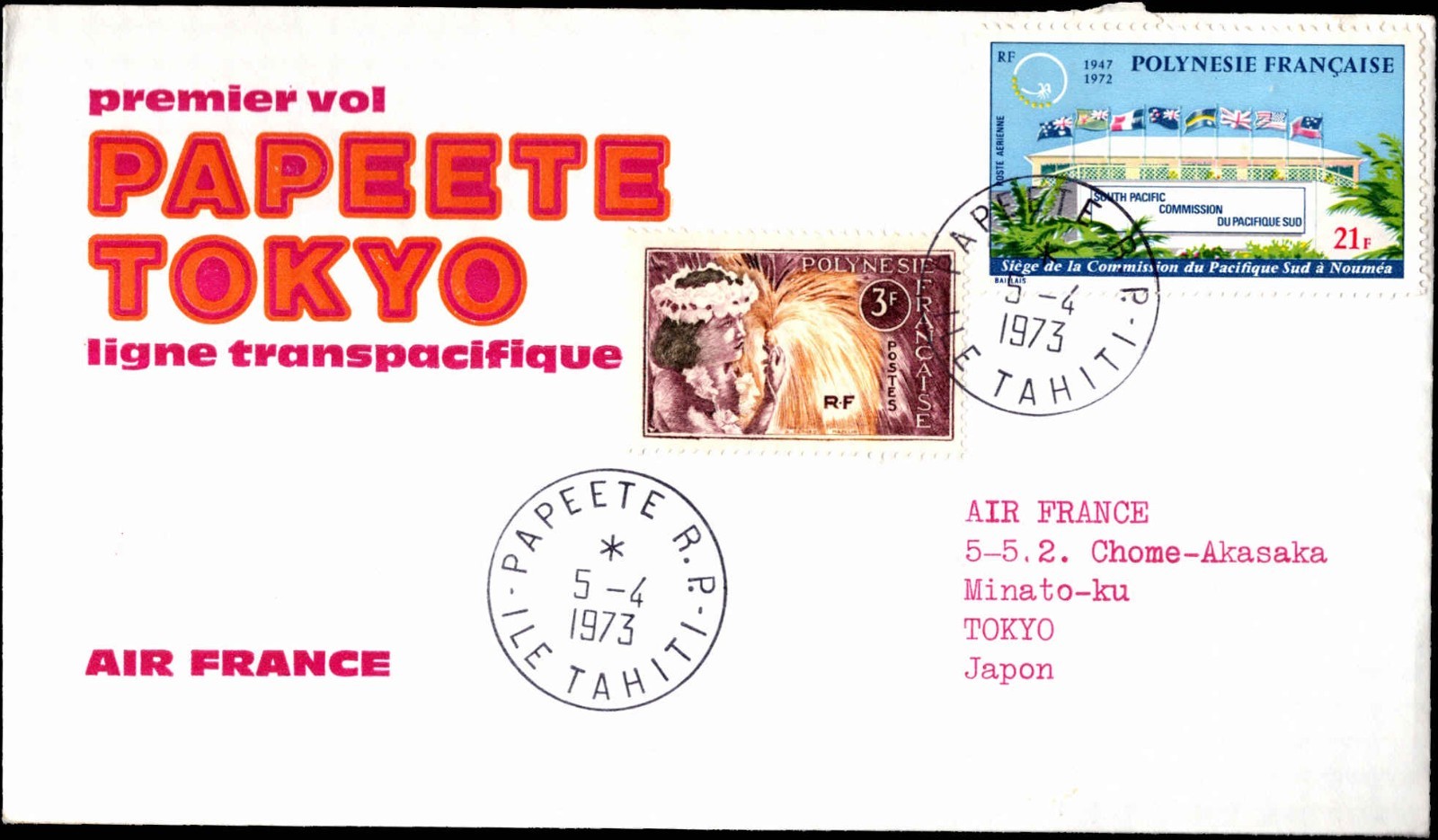 Air France First Flight Papeete Tahiti to Tokyo 1973 Transpacific Airmail Cover