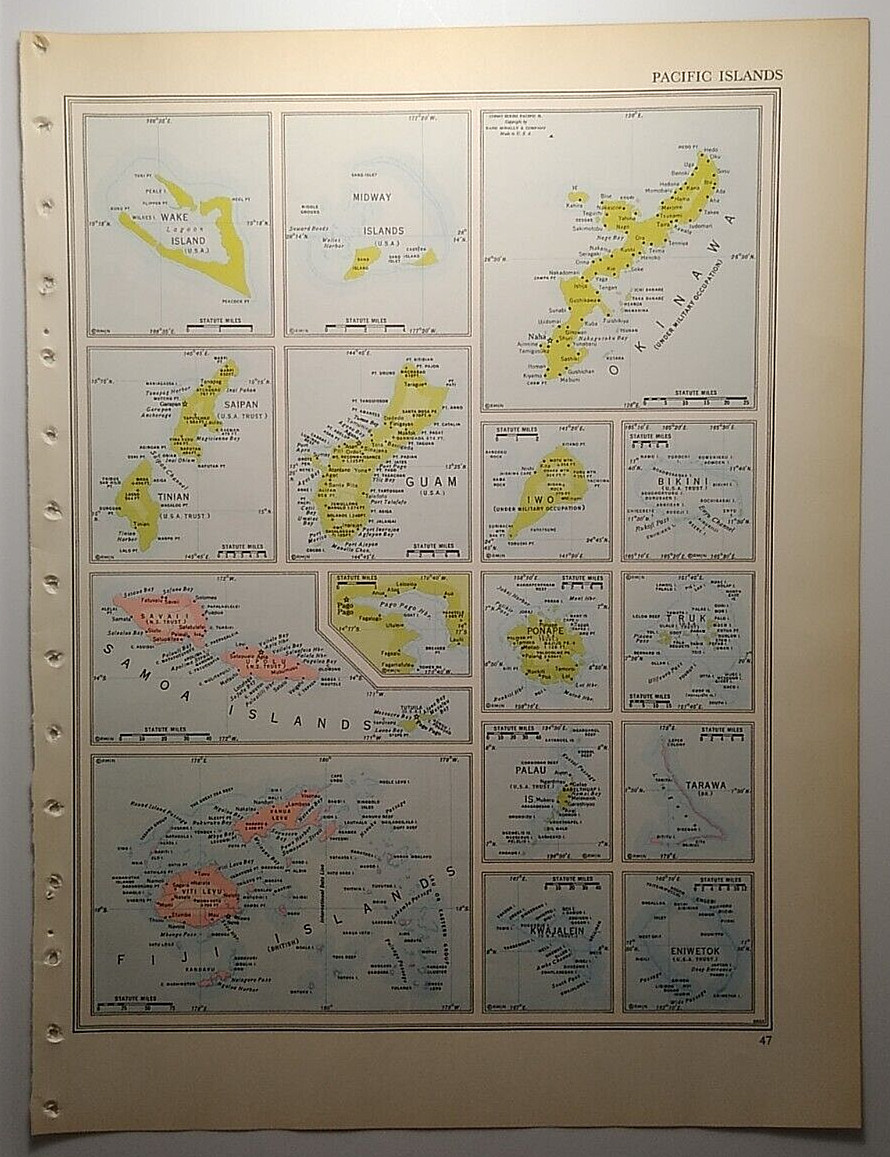 1957 Vintage PACIFIC ISLANDS Atlas Map Old Antique MCM Encyclopedia Britannica