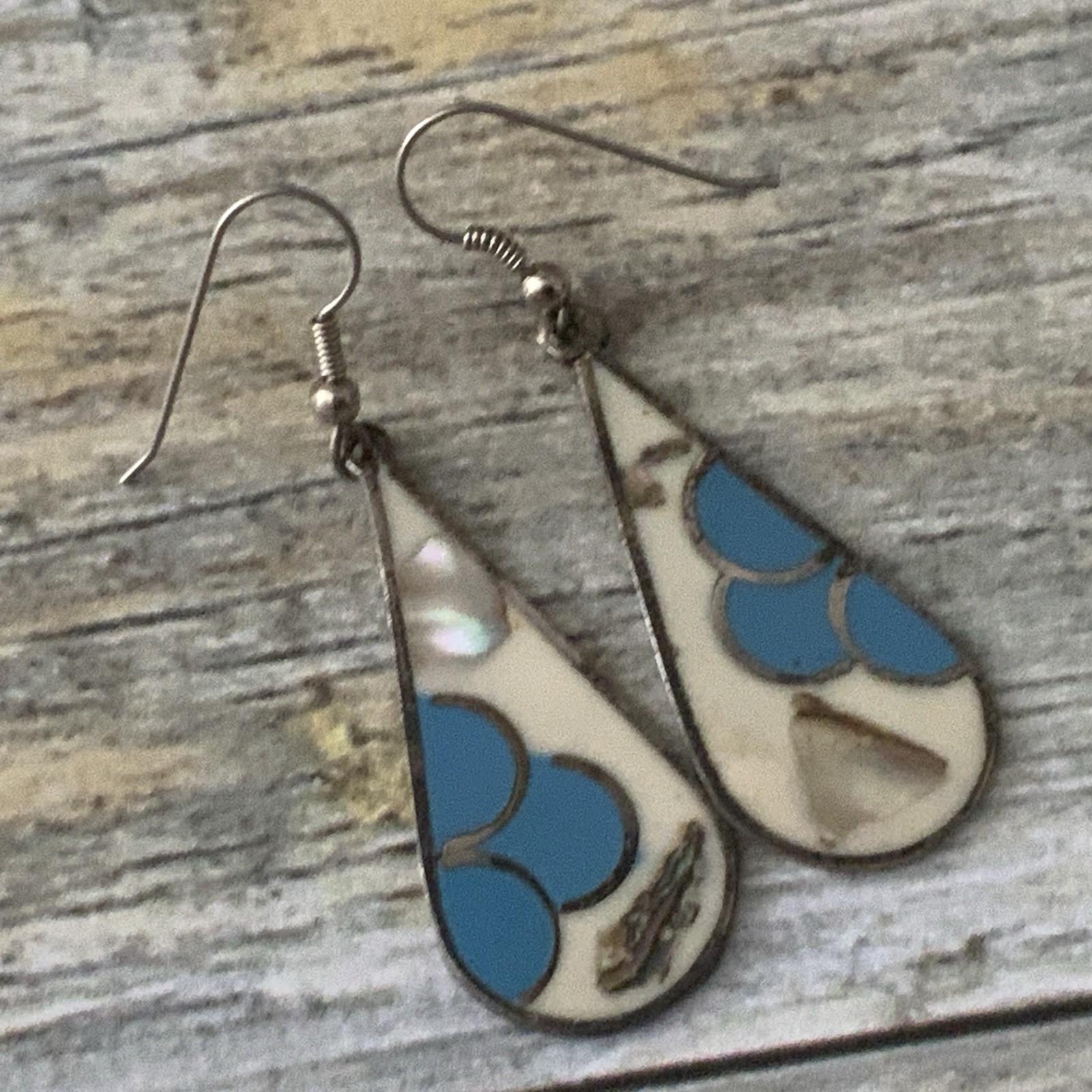 Vintage Alpaca Mexico Abalone Inlay Dangle Earrings Teardrop Shell Turquoise