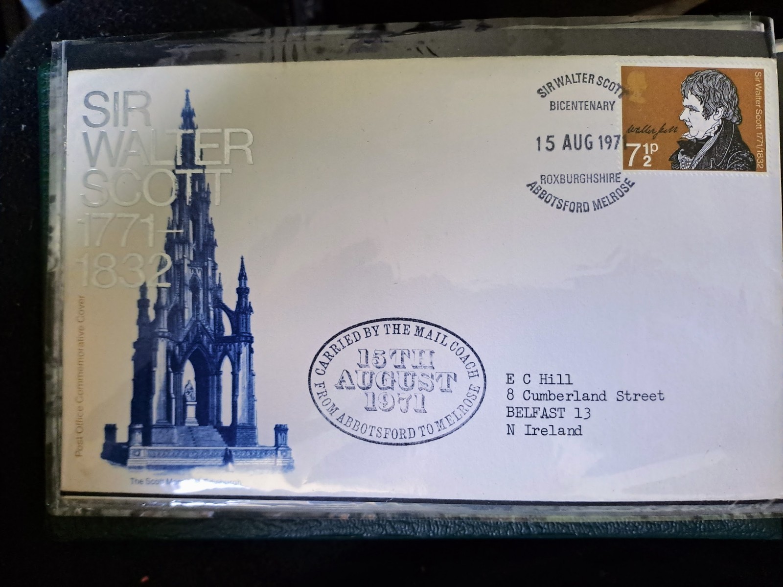 GB Stamp FDC Cover Sir Walter Scott 1971 Belfast Cramlington