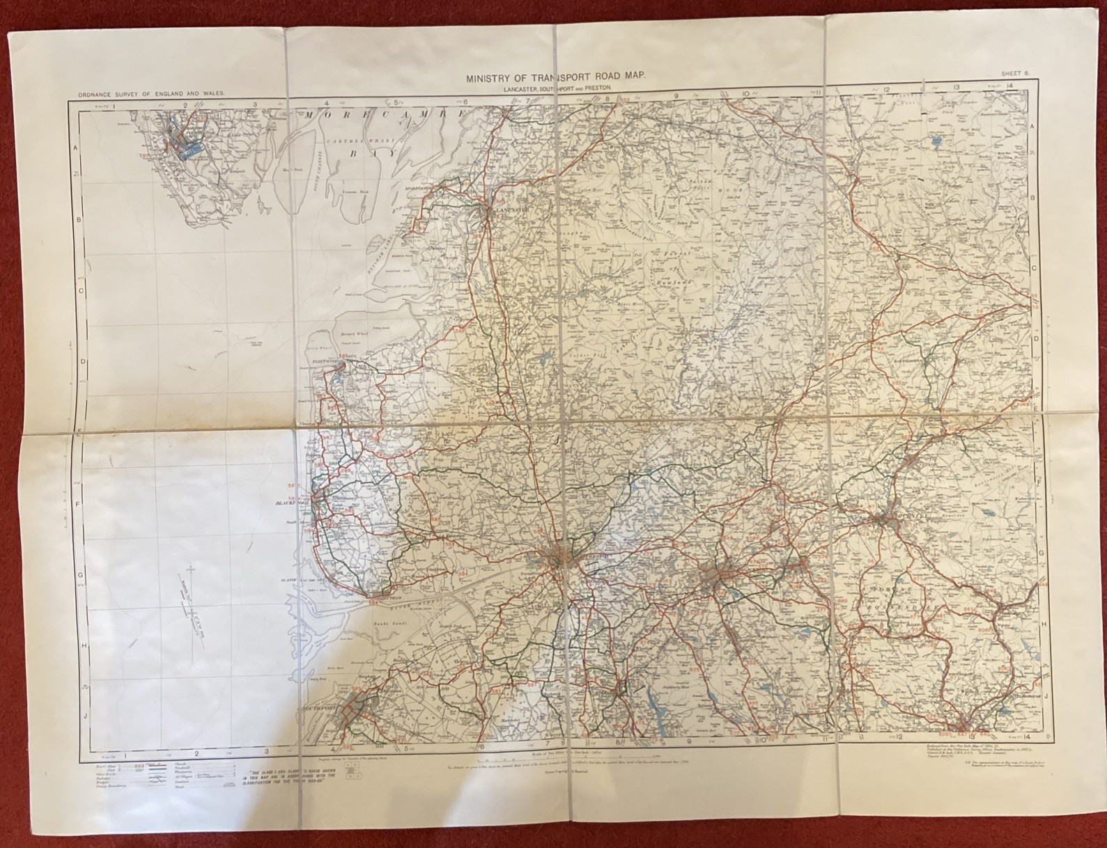 1923 Ministry Of Transport Road Map Sheet 8 Lancaster Southport Preston  