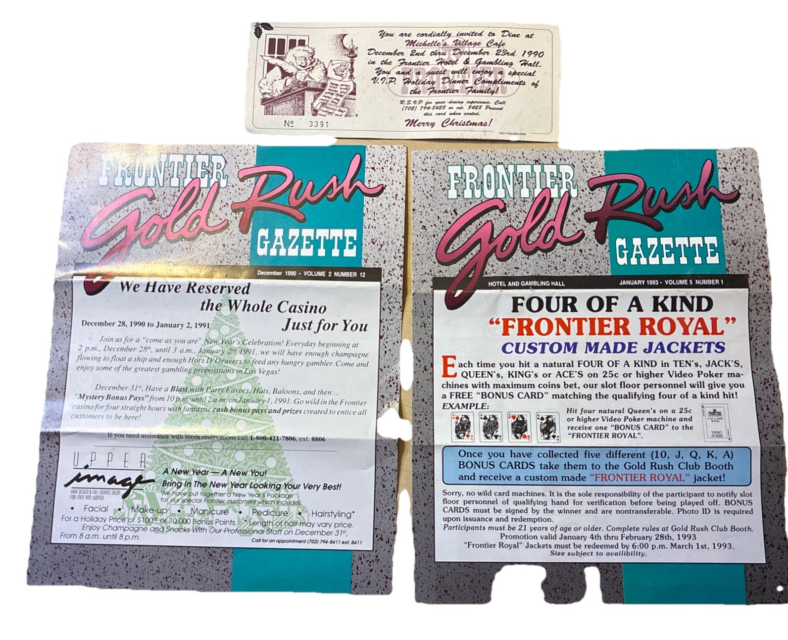 2-Frontier Hotel Gazette Gold Rush Adv Brochures & 1 Invite For Dinner Card Vtg