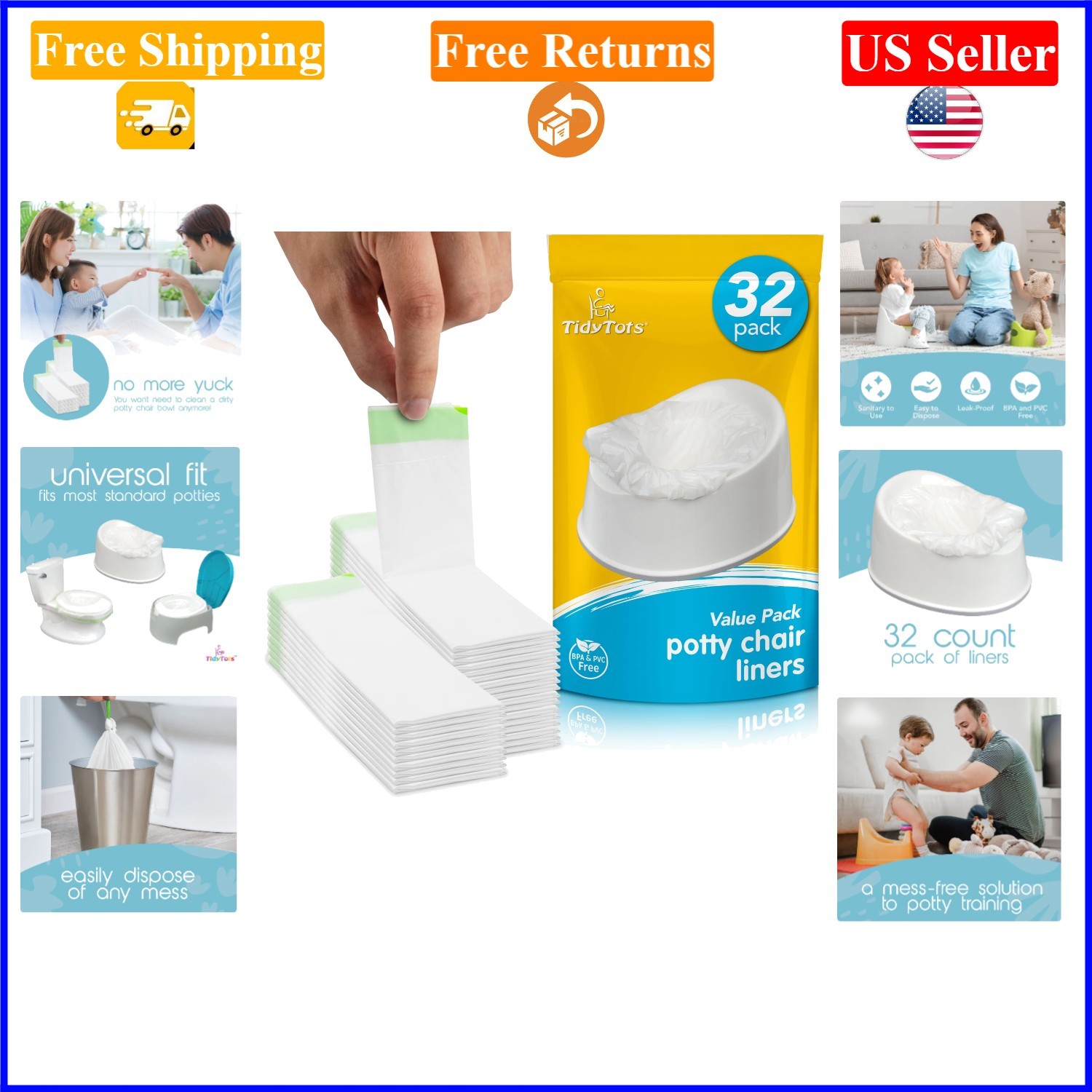 Disposable Potty Chair Liners for Toddlers, Pack of 32, Leak-Free, Portable