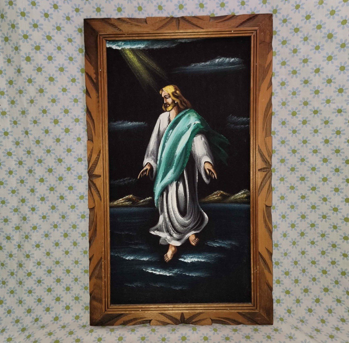 Vintage Jesus Christ Walking On Water Black Velvet Painting 13.5 x 22.5 MCM