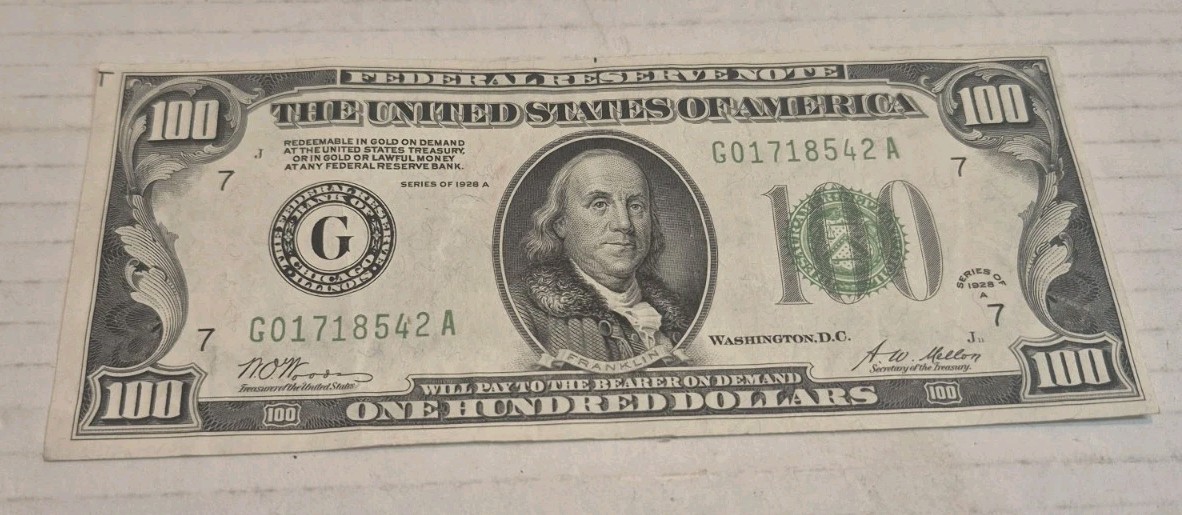1928A Federal Reserve 100 Dollar Note Green Seal Chicago Redeemable Gold L@@K!