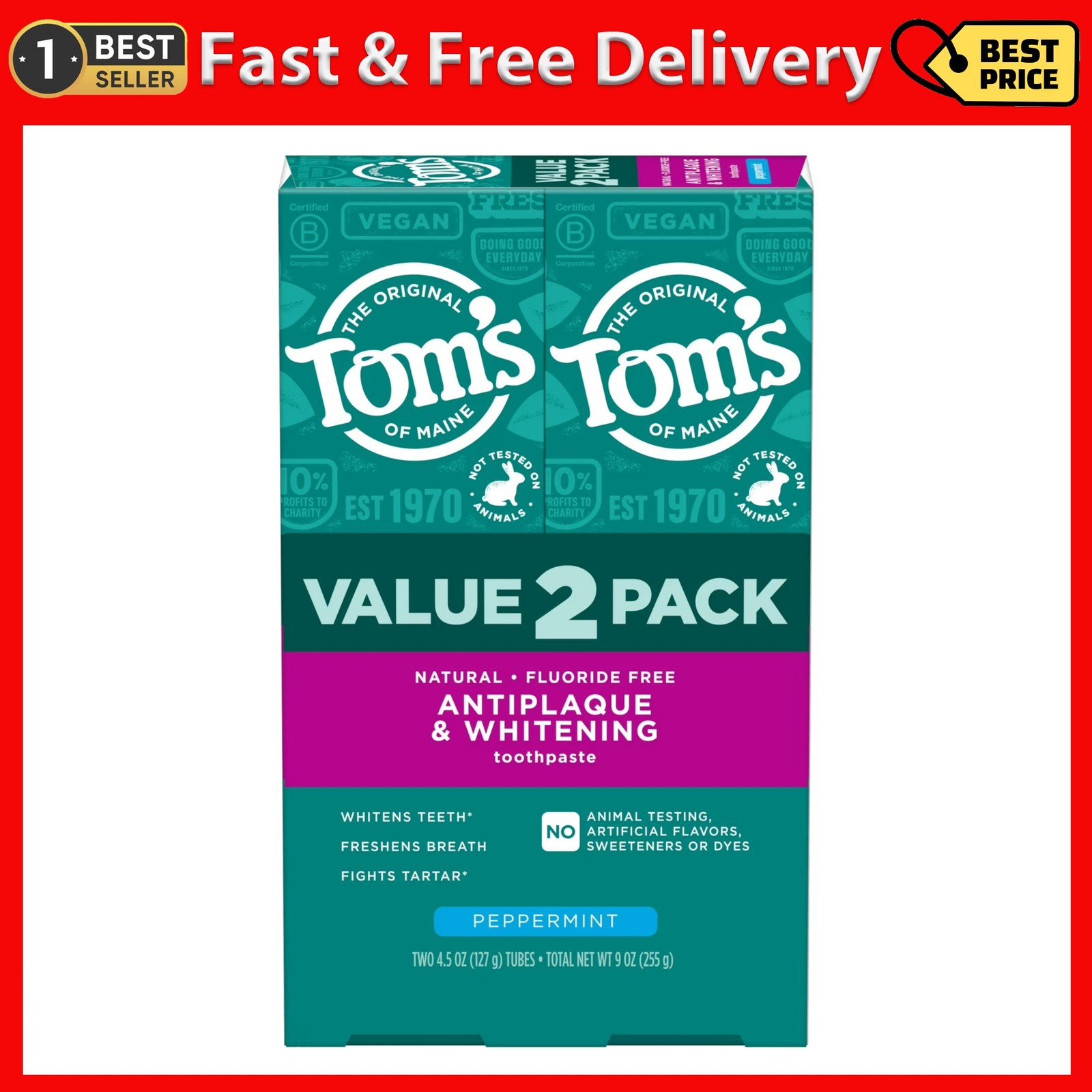 Tom’S of Maine Antiplaque and Whitening Fluoride Free Toothpaste, Peppermint, 2
